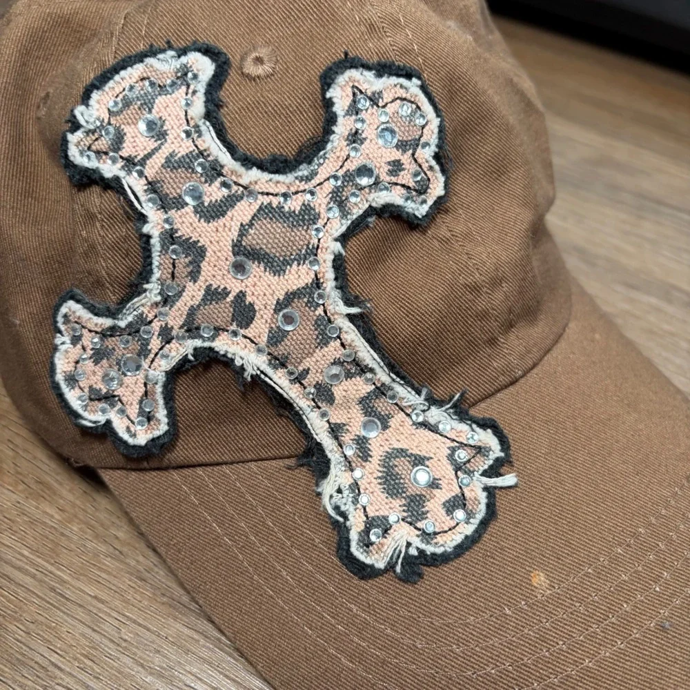 Y2K Grunge‎ Mcbling Gyaru Brown Leopard Print Rhinestone Cross Baseball Cap Hat